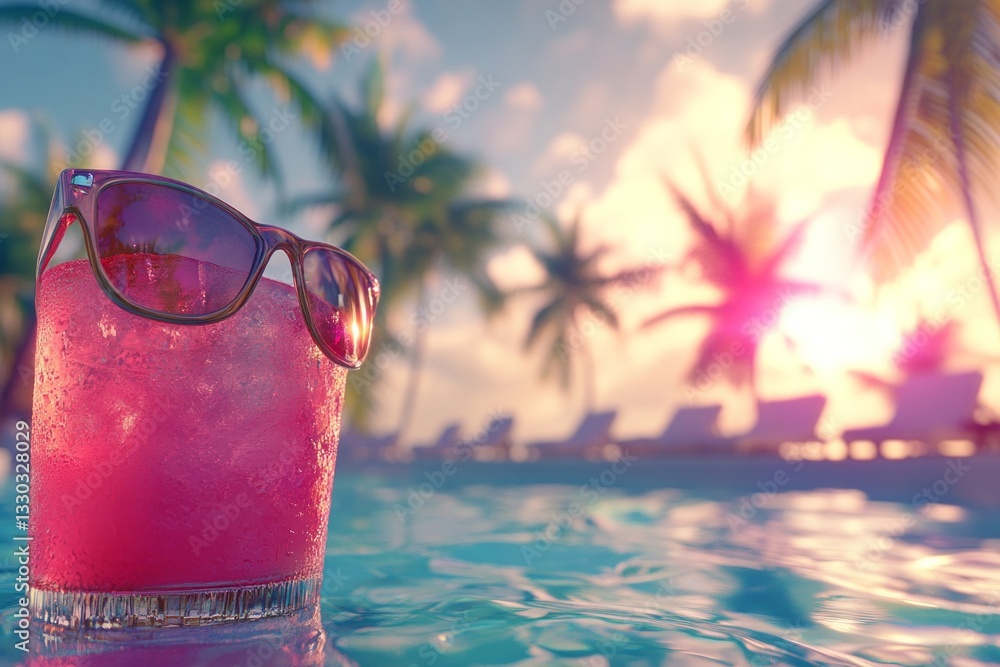 Refreshing drink with sunglasses beside tranquil pool during sunset in tropical paradise