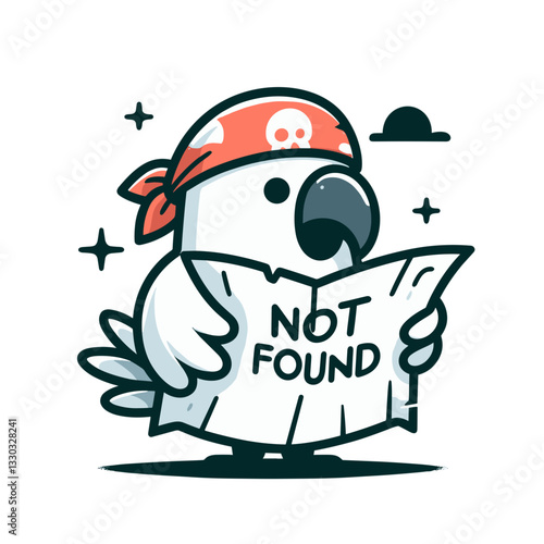 Cartoon pirate parrot with "Not Found" newspaper in flat style. Perfect for 404 error pages and website maintenance illustrations.