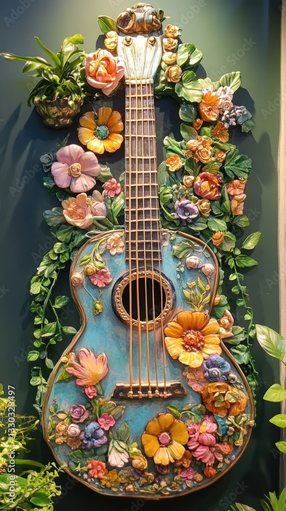 Fototapeta premium A Floral Guitar Artistically Decorated With Colorful Ornamental Blossoms