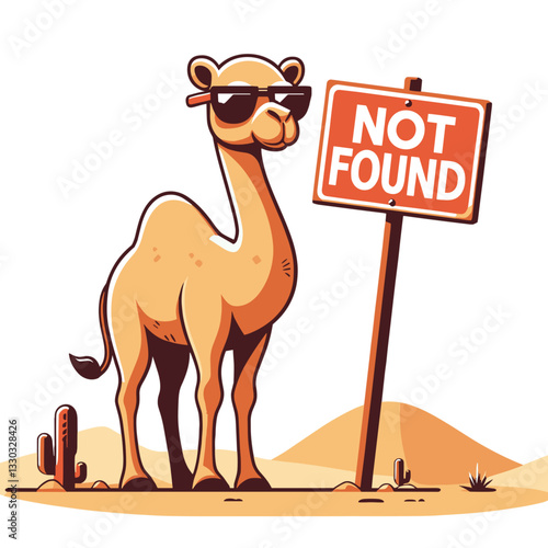 Camel with "Not Found" sign in desert vector style. Ideal for travel websites and adventure-themed error page illustrations.