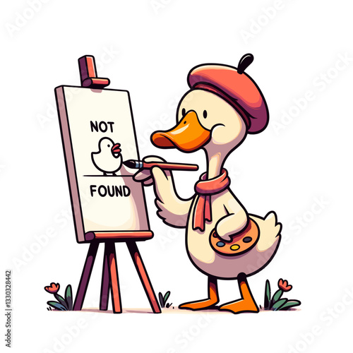 Artist duck with "Not Found" canvas in creative vector style. Ideal for art websites and design-themed error page illustrations.