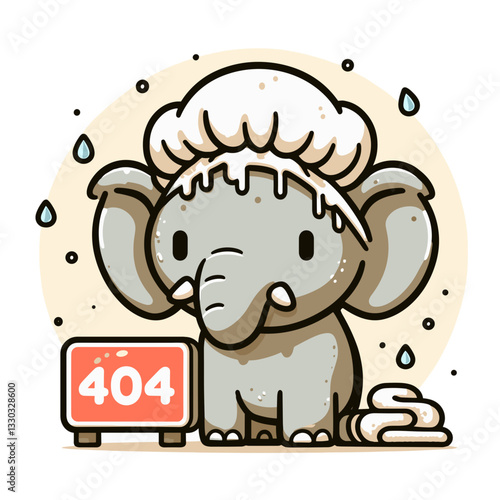 Cute elephant baker with 404 sign in patisserie vector illustration. Perfect for culinary websites and recipe app error page displays.
