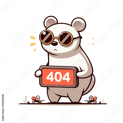 Cool panda with sunglasses holding 404 sign in trendy vector illustration. Perfect for fashion websites and lifestyle blog error pages.