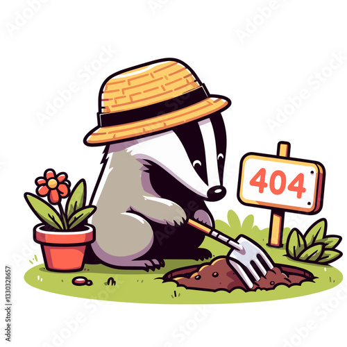 Gardening badger with 404 sign in botanical vector illustration. Perfect for gardening websites and plant care app error pages.