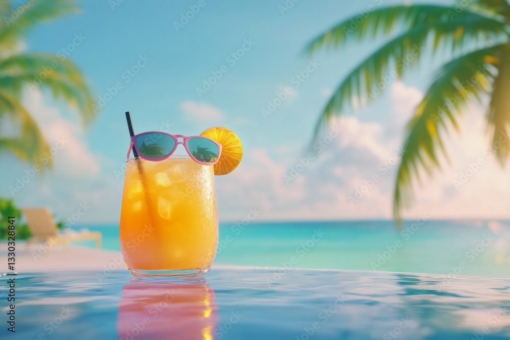 Refreshing tropical drink with sunglasses on a vibrant beach at sunset in a tropical paradise
