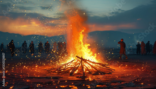 Fire Festival Glow: Chaharshanbe Suri bonfires, flames as sparks rise into the twilight sky, symbolizing purification, Iranian New Year, Persian New Year, spring