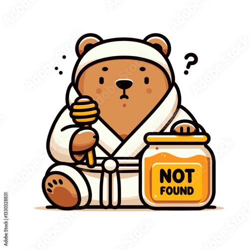Honey bear with questioning expression and "Not Found" jar in culinary vector illustration. Ideal for recipe websites and food blog error pages.