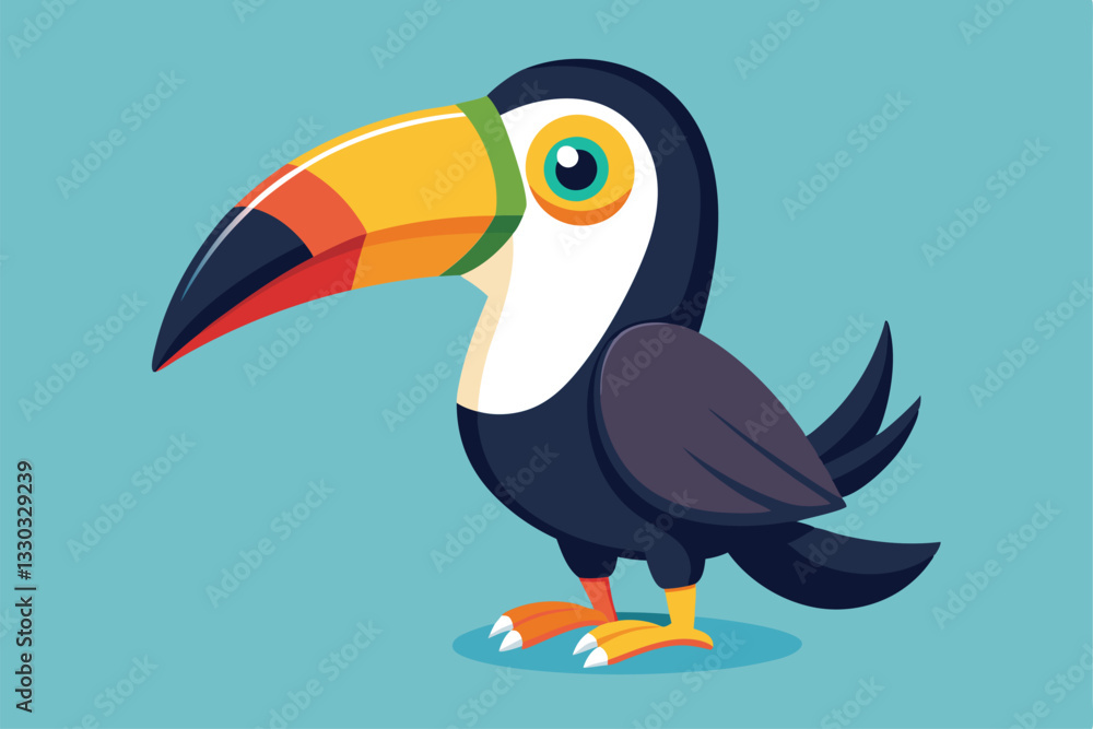 Obraz premium Brightly colored toucan with a large beak posed playfully against a vibrant blue backdrop, Toucan bird in cartoon style