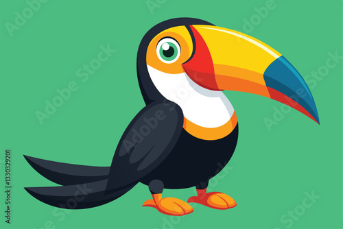 A cheerful cartoon toucan with a vibrant beak poses against a lively green backdrop, exuding playfulness, Toucan bird in cartoon style