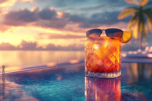 Obraz na płótnie Refreshing cocktail with sunglasses on the poolside at sunset over a tranquil sea w salonie