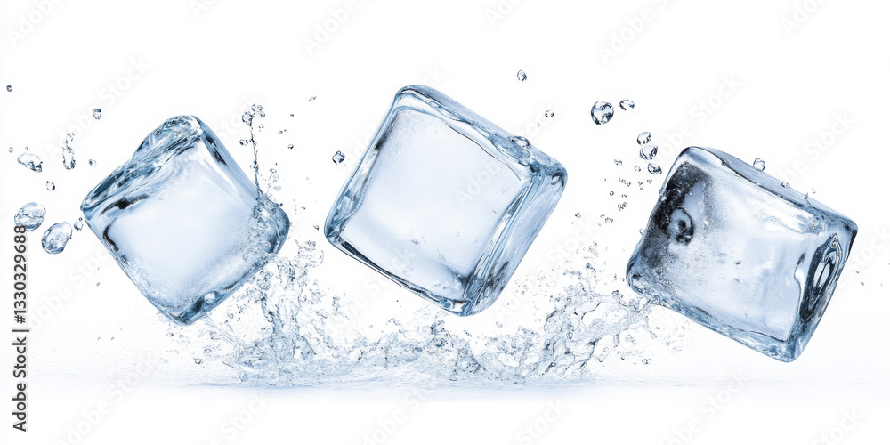 Fresh cold ice cubes falling with water splash for beverage or cooling concept Fresh cold ice cubes falling with water splash for beverage or cooling concept