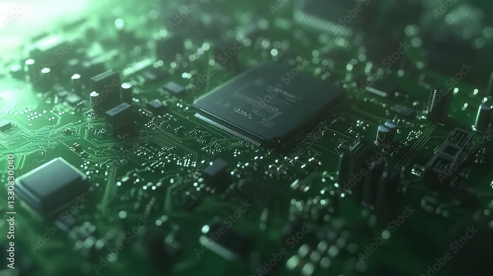Closeup of a Green Circuit Board with Integrated Microchip Technology Detailed Closeup of a Green Circuit Board with Integrated Microchip Technology Detailed