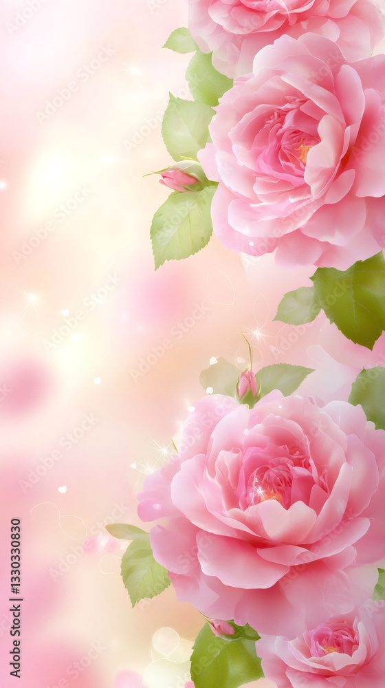 Fototapeta premium Delicate pink roses blossoming against softly sparkling pastel backdrop, conveying elegant romantic mood