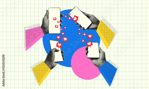 Trendy collage halftone social network. Concept of digital marketing, influence feedback n public or personal internet network. Modern retro vector illustration mixed media.