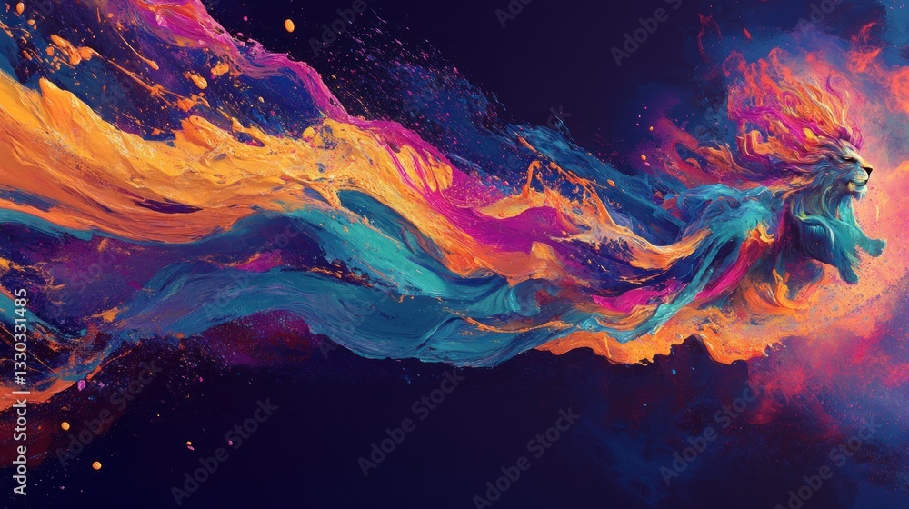 Abstract lion with flowing multicolored mane in artistic expression backdrop Abstract lion with flowing multicolored mane in artistic expression backdrop