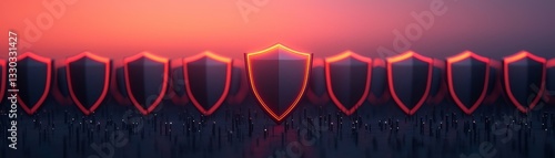 A series of glowing shields in a row against a vibrant sunset backdrop, symbolizing protection and security in a digital or metaphorical context.