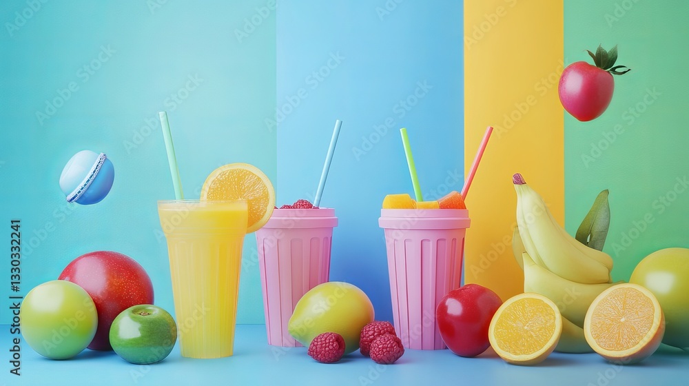 Fototapeta premium colored fruits and colored juices in colored contain