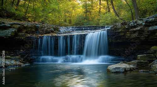 Serene waterfall cascading through lush green forest tranquil nature scene summer day peaceful water