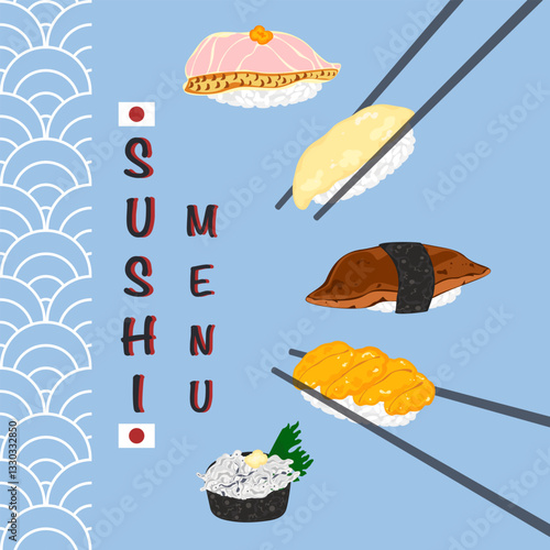 Set of different types of sushi vector illustration. Delicious food. Popular Japanese food. Nigiri sushi. Raw fish on rice. Recipe. Cooking. Menu. Restaurant. For food design, poster and background.