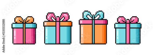 Set of gift boxes with colorful ribbon bows in pixel art style. Christmas and birthday presents. Vector illustration