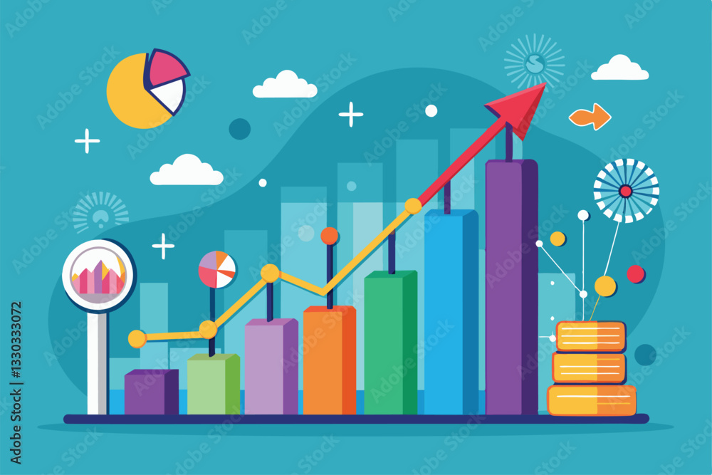 This graphic showcases a vibrant representation of data trends, highlighting growth in various metrics, Towards success data trending This graphic showcases a vibrant representation of data trends, highlighting growth in various metrics, Towards success data trending