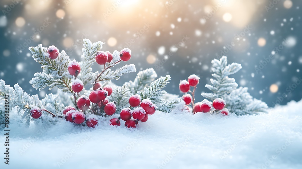 Snowy Evergreen Branches Adorned With Red Berries And Snowflakes Snowy Evergreen Branches Adorned With Red Berries And Snowflakes