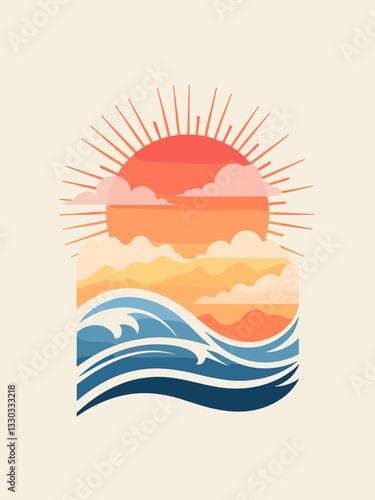 Geometric sun rising over stylized ocean waves, summer aesthetic