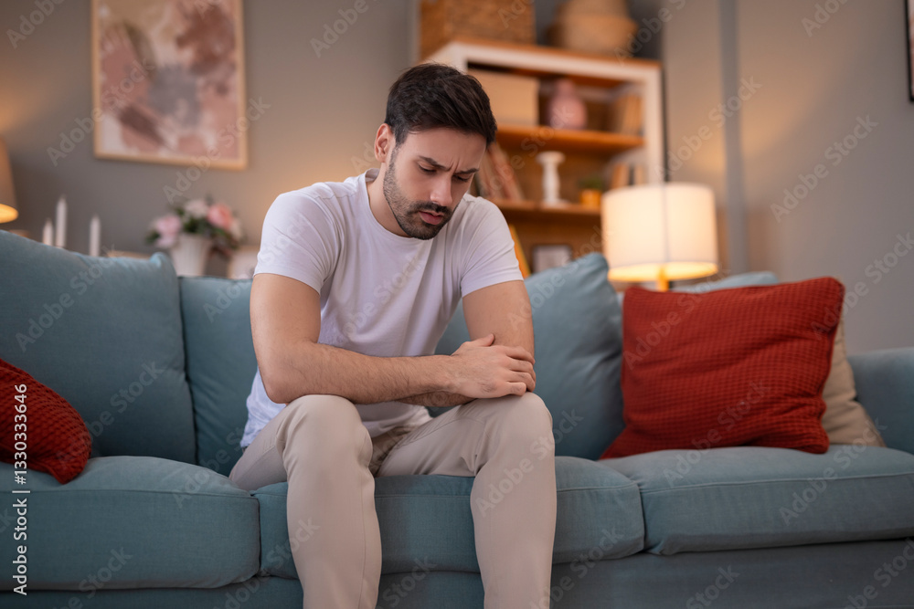 Obraz premium Sad man sitting on sofa in living room