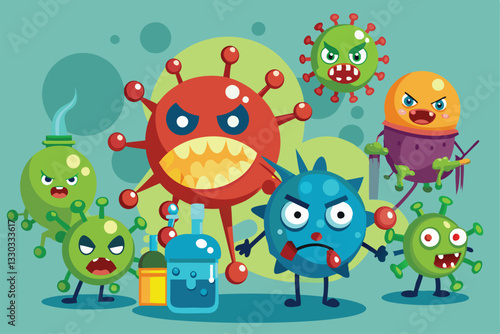 A lively depiction of cartoonish viruses and toxins showing different emotions and characteristics, Toxins and viruses, Cartoon flat vector illustration isolated
