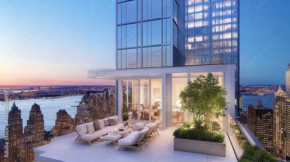 Obraz premium Luxury Penthouse Rooftop Terrace with Breathtaking Cityscape Views at Dusk