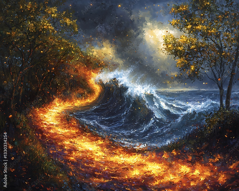 Naklejka premium Fiery Path Meets Ocean Wave