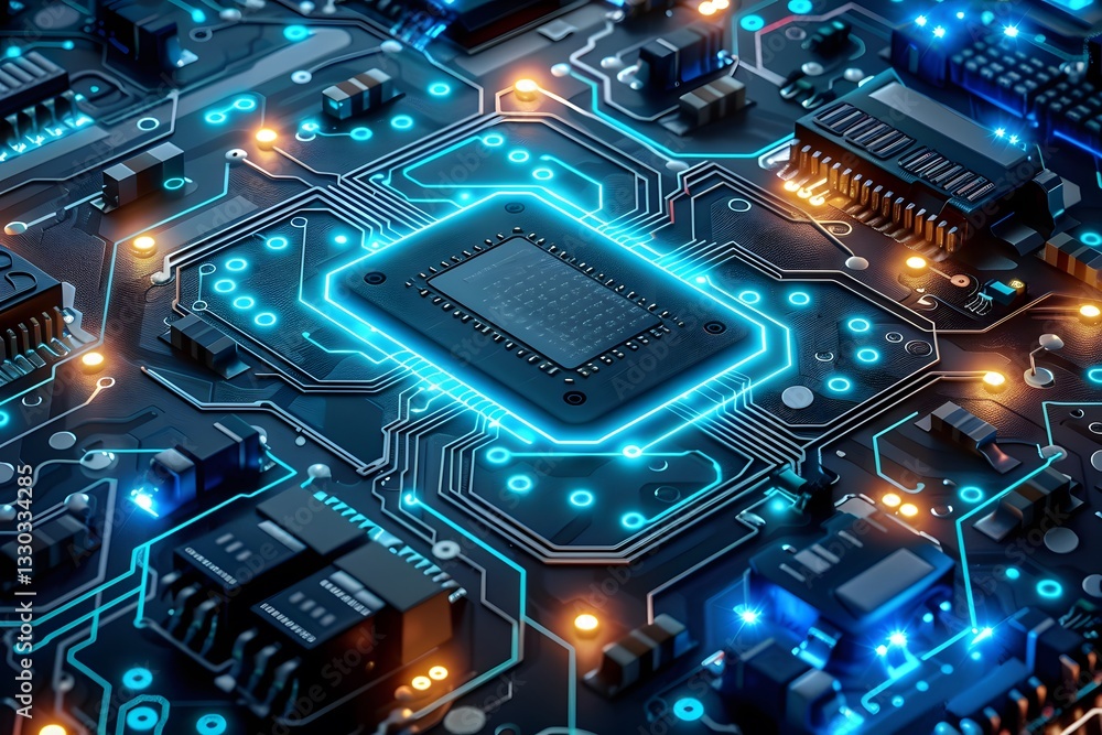 Fototapeta premium Glowing Circuit Board Design. Modern Technology Motherboard and Processor Concept