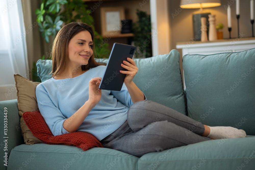 Obraz premium Beautiful woman using digital tablet at home
