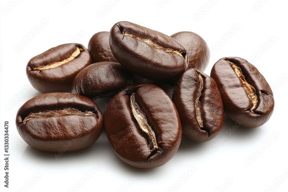 Obraz premium Freshly roasted coffee beans glisten in light, revealing rich textures and deep aromas ready for brewing delights