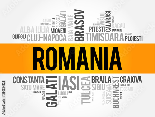 Romania - is a country located at the crossroads of Central, Eastern, and Southeast Europe, word cloud concept background
