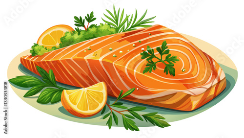 Close-up of a perfectly cooked piece of salmon with a honey glaze and fresh herbs.