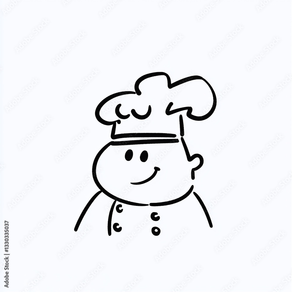 Chef character illustration featuring a cheerful line drawing of a cook with a classic hat and friendly expression Chef character illustration featuring a cheerful line drawing of a cook with a classic hat and friendly expression