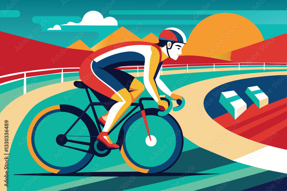 Fototapeta premium A cyclist in vibrant attire navigates a semi-flat track as the sun sets in the background, Track cycling Customizable Semi Flat Illustration