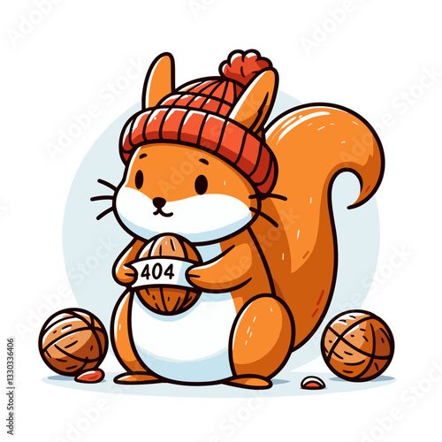 Winter squirrel with 404 acorn in cozy vector illustration. Perfect for seasonal websites and autumn-themed error pages for digital applications.