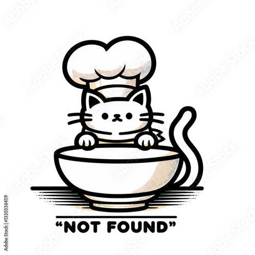 Chef cat with empty bowl and "Not Found" text in culinary vector illustration. Perfect for recipe websites and food delivery app error pages.
