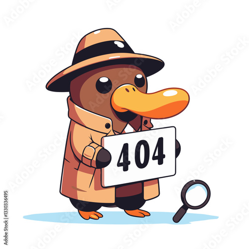 Detective platypus with 404 document and magnifying glass in noir vector illustration. Ideal for mystery websites and search function error pages.