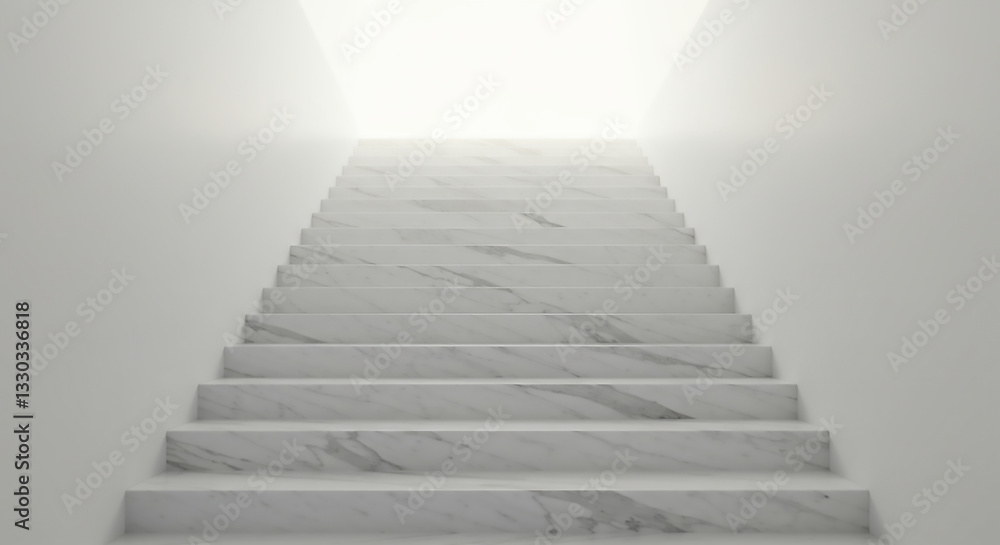 Minimalist 3D staircase made of marble, ascending into bright golden light Minimalist 3D staircase made of marble, ascending into bright golden light