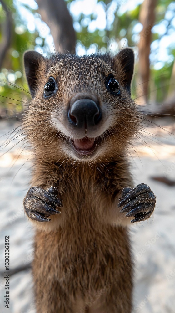Obraz premium Happy quokka standing on hind legs, smiling.