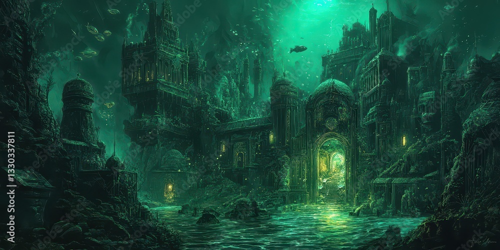 An ancient submerged city is illuminated under the ocean An ancient submerged city is illuminated under the ocean