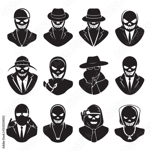 Mask of criminal bandits for hiding face black monochrome silhouette set vector flat Mask of criminal bandits for hiding face black monochrome silhouette set vector flat Gangster masks Skull 
