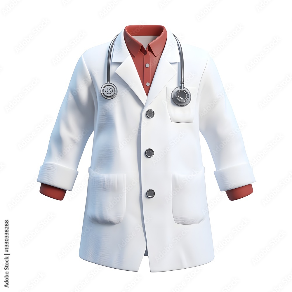 White Doctor s Coat with Stethoscope and Red Shirt Professional Medical Uniform White Doctor s Coat with Stethoscope and Red Shirt Professional Medical Uniform