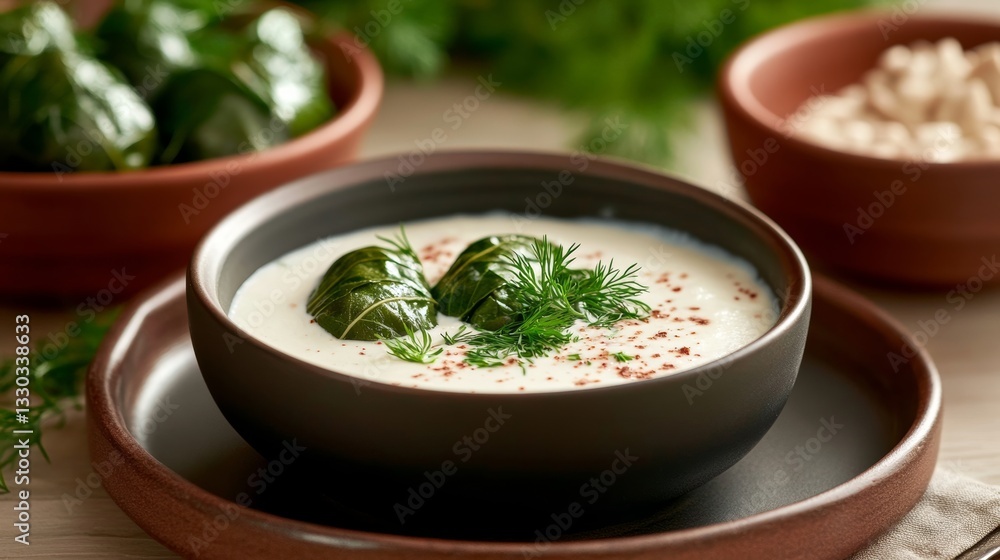 Delicious Armenian dolma wrapped in grape leaves accompanied by creamy yogurt sauce and fresh dill with traditional pottery in the background Delicious Armenian dolma wrapped in grape leaves accompanied by creamy yogurt sauce and fresh dill with traditional pottery in the background