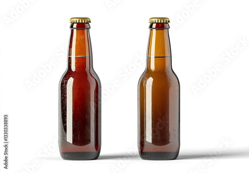 Two Brown Beer Bottles Standing Side by Side on White Background