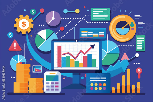 A digital display showcases financial data with various charts, graphs, and calculations contributing to analytics, trading data
