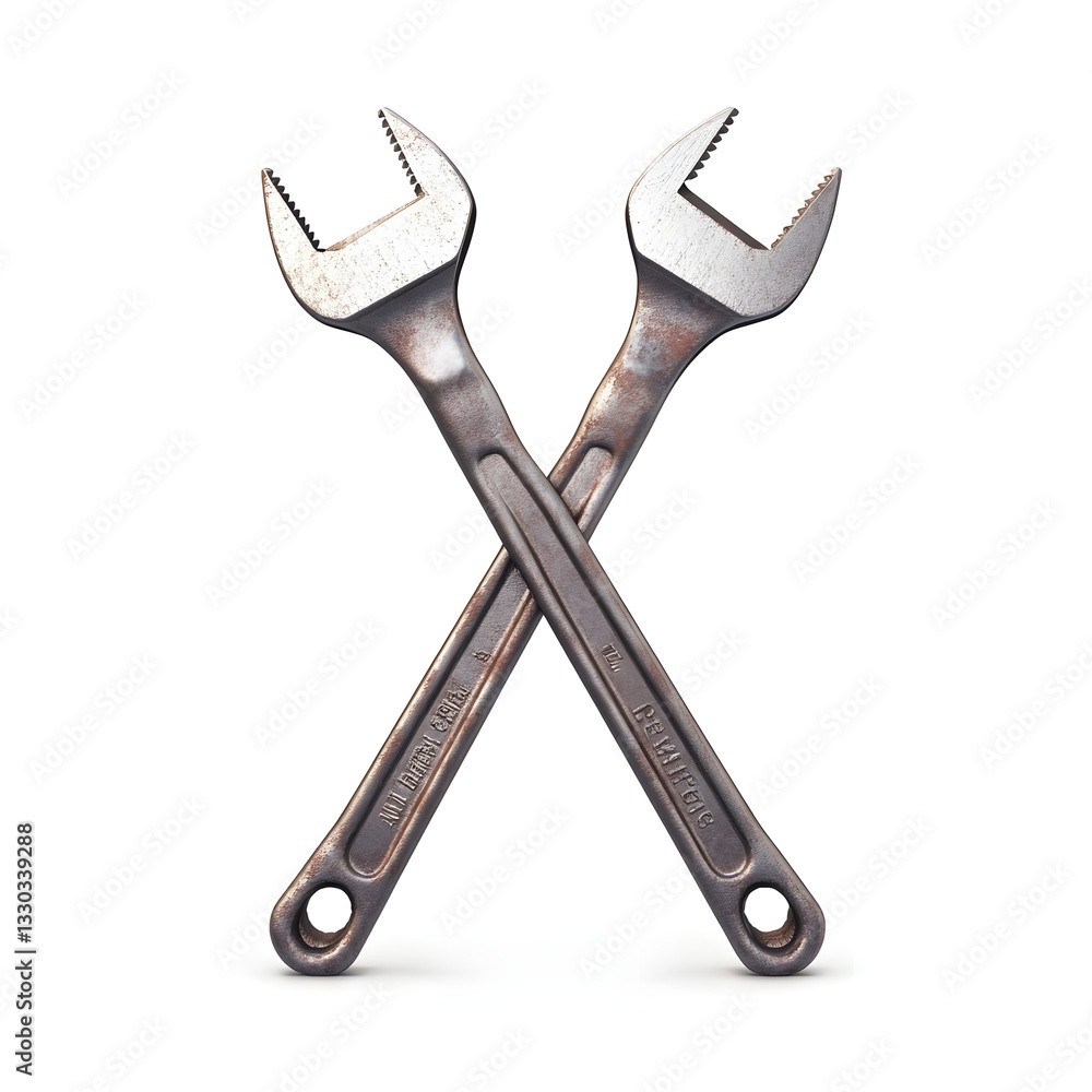 Two crossed rusty adjustable wrenches isolated on white background Repair tools concept Two crossed rusty adjustable wrenches isolated on white background Repair tools concept